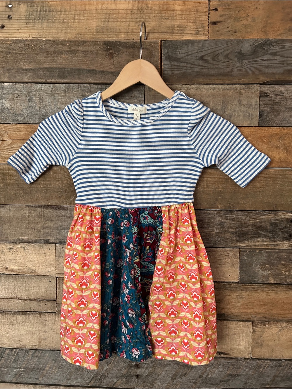 Matilda Jane Blue-Striped Bodice with Coral and Teal Floral Panels Dress